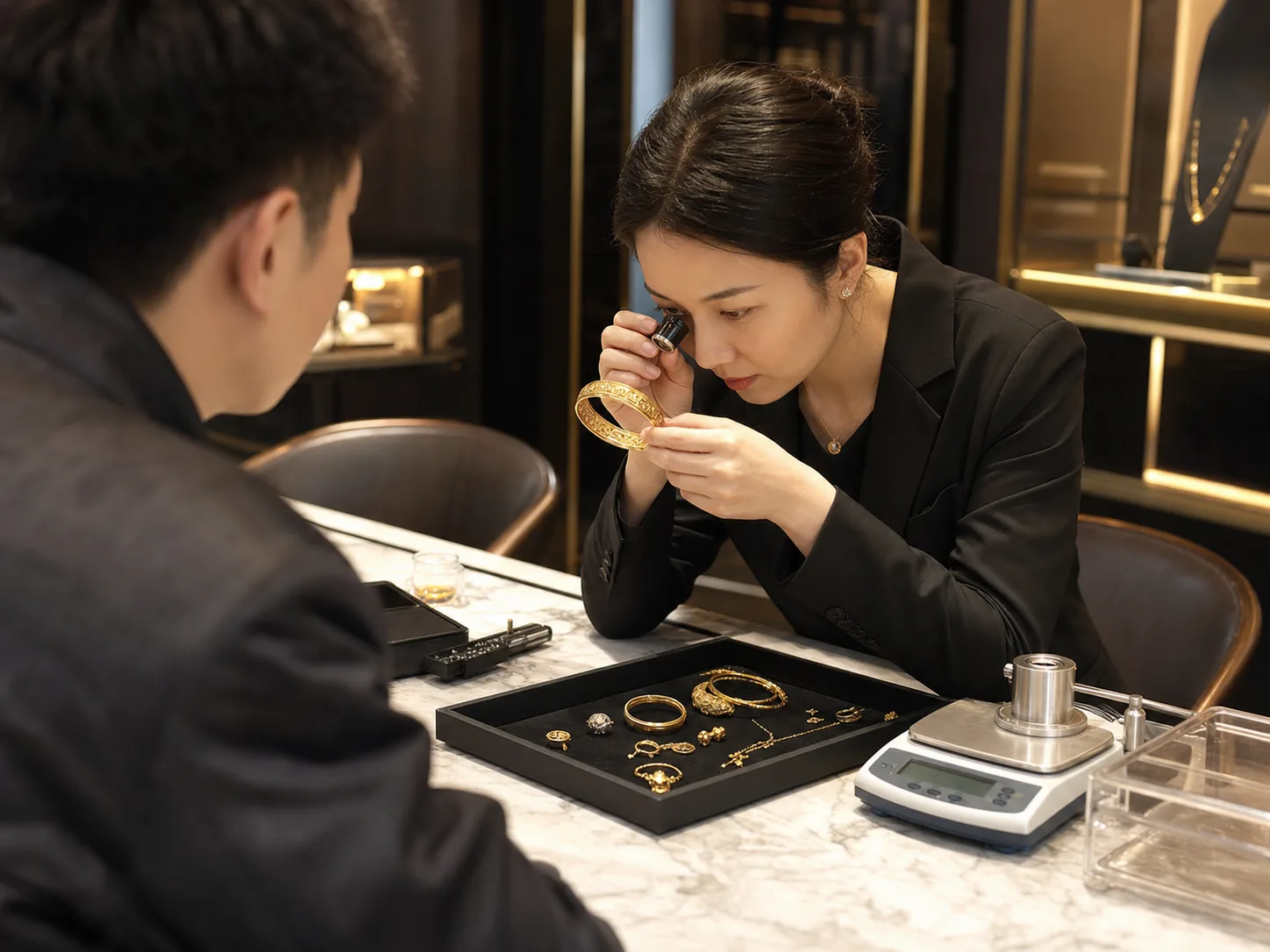 工作人员对黄金首饰进行目视检查